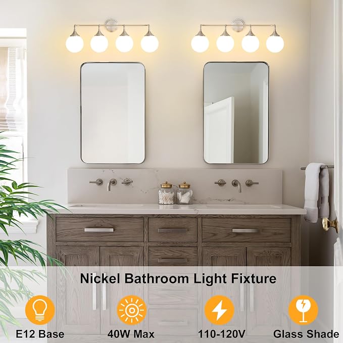 Brushed Nickel Bathroom Light Fixtures Over Mirror Vanity 4-Light | Mid Century Modern Brushed Nicke Wall Sconce with Milky White Glass Ball Shades for for Bathroom Dressing Table Bedroom