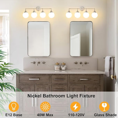 Brushed Nickel Bathroom Light Fixtures Over Mirror Vanity 4-Light | Mid Century Modern Brushed Nicke Wall Sconce with Milky White Glass Ball Shades for for Bathroom Dressing Table Bedroom