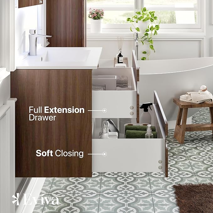 Eviva Joy 32 in. Rosewood Wall MountSingle Sink Bath Vanity with Porcelain Top and Integrated Sink