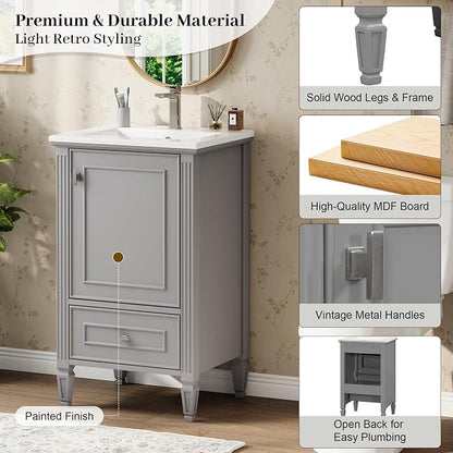 Merax 20 Inch Small Bathroom Vanity with Sink, Vanity Cabinet with Bottom Drawer and Door Rack Organizer, Adjustable Shelf, Grey