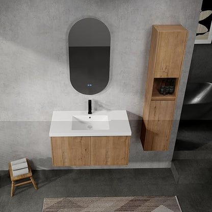 SSLine 36-Inch Single Bathroom Vanity Modern Wall Mounted Bathroom Vanity with Sink 36" Small Floating Bathroom Vanities Set with 2 Side Storage Cabinets,Brown White