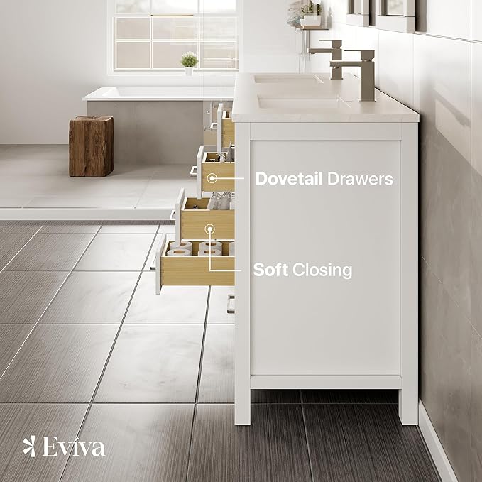 Eviva London 60 Inch Double Vanity Sink - White Double Vanity Sinks for Bathrooms, Bathroom Vanity 60 Inch Double Sink W Carrara Quartz Top & Porcelain Sinks, Bathroom Vanities W/Soft-Closing Drawers