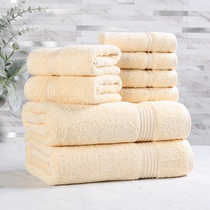 Superior Egyptian Cotton 8-Piece Towel Set, Assorted Towels for Home Bathroom, Guest Bath Decor Essentials, Includes 2 Bath, 4 Hand, 2 Face Towels/Washcloths, Quick Dry, Absorbent, Canary