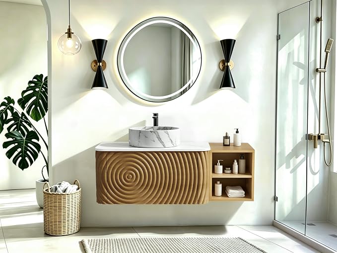 42" Floating Bathroom Vanity with Sink, Mid-Century Wall Mounted Bathroom Vanity Cabinet with Wood Waved Decor,Marble Ceramic Basin and Sintered Stone Top, Soft Close Drawer, Side Open Cube