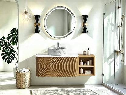 42" Floating Bathroom Vanity with Sink, Mid-Century Wall Mounted Bathroom Vanity Cabinet with Wood Waved Decor,Marble Ceramic Basin and Sintered Stone Top, Soft Close Drawer, Side Open Cube