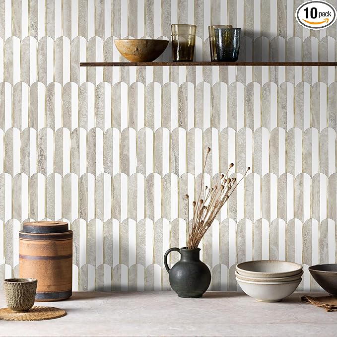 Vamos Peel and Stick Backsplash Seamless Tile for Kitchen and Bathroom,White and Beige Slate PVC Mixed Light Gold Self Adhesive Fish Scale Metal Mosaic Tiles (10 Sheets)