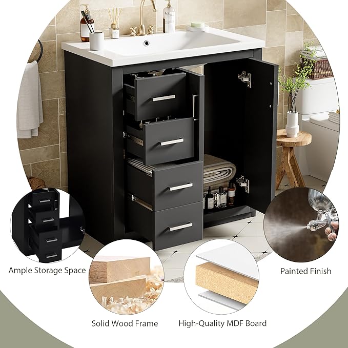 Merax Herringbone Single Sink Bathroom Vanity, Freestanding 30" Modern Bathroom Vanity Storage Cabinet with 3 Drawers and 2 Doors, Solid Wood Frame