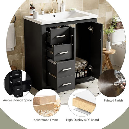 Merax Herringbone Single Sink Bathroom Vanity, Freestanding 30" Modern Bathroom Vanity Storage Cabinet with 3 Drawers and 2 Doors, Solid Wood Frame