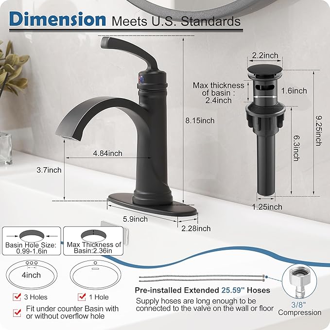 Black Waterfall Bathroom Faucet 1 Hole, Brass Bathroom Sink Faucets 4 Inch 3 Hole Single Handle with Pop-up Drain, Pre-Installed cUPC Water Hose, Deck Plate for Vanity, Farmhouse, Lavatory