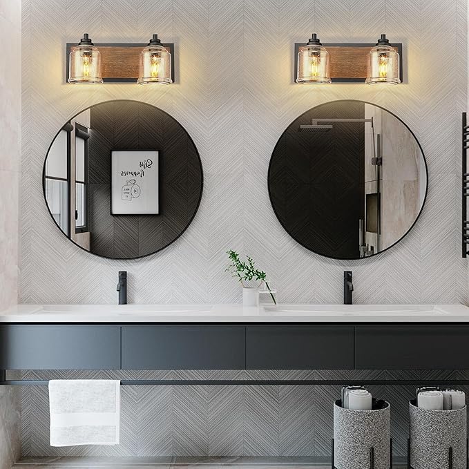 Vanity Lights for Bathroom Large 15.8", Farmhouse Rustic Vanity Light with Bubble Glass Shades, Brown 2 Light Bathroom Lighting Fixtures Over Mirror, Bath Wall Sconce Home Decor