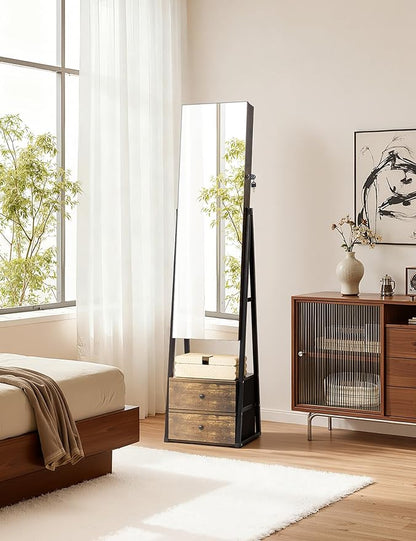 Nicetree Mirror Jewelry Cabinet, Lockable Full Length Mirror, 2 Drawers | Standing Jewelry Armoire with Mirror, Mirror with Jewelry Storage, Adjustable Angles, Easy Assembly, Gift Idea, Rustic Brown