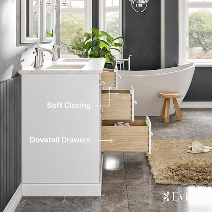 Eviva White 60 inch Bathroom Vanity with Sink - Porcelain Round-Bathroom Vanity Double Sink-Solid Wood 60" Vanity Bathroom Sink-Marble Top Double Vanity Sink Cabinet
