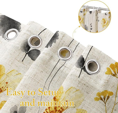 Yellow Linen Watercolor Floral Fabric Shower Curtain, 72x72 | Linen Fabric, Modern Minimalist Floral Print, Machine Washable, Rustproof Grommets, for Bathroom Home