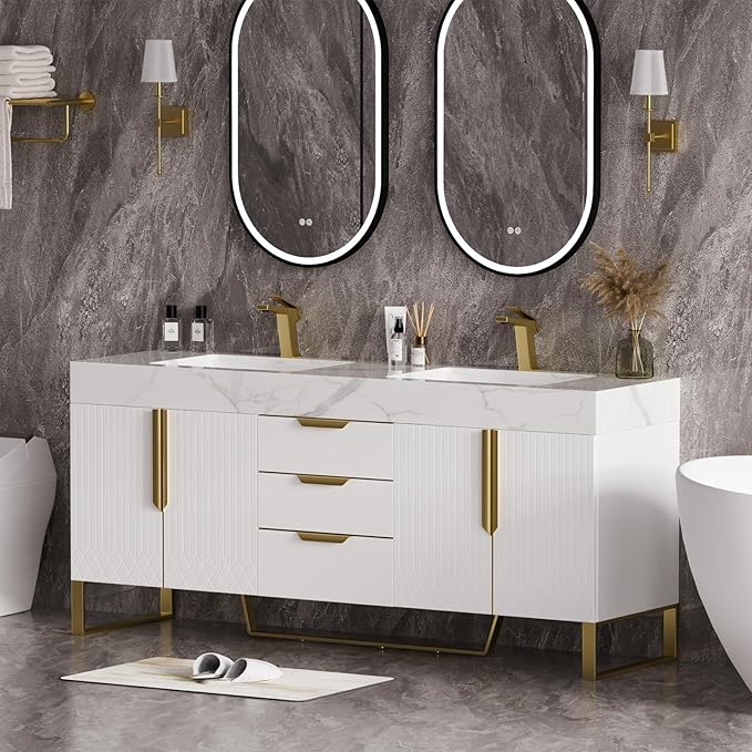 homary 60" Freestanding Bathroom Vanity Set with Double Sink, Modern Bathroom Sink Cabinet Storage Cabinet with Sintered Stone Countertop and Ample Storage, White