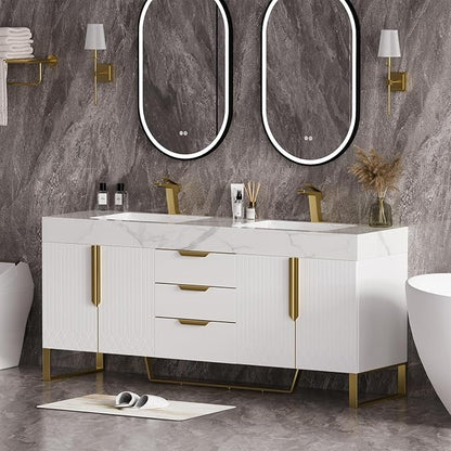 homary 60" Freestanding Bathroom Vanity Set with Double Sink, Modern Bathroom Sink Cabinet Storage Cabinet with Sintered Stone Countertop and Ample Storage, White