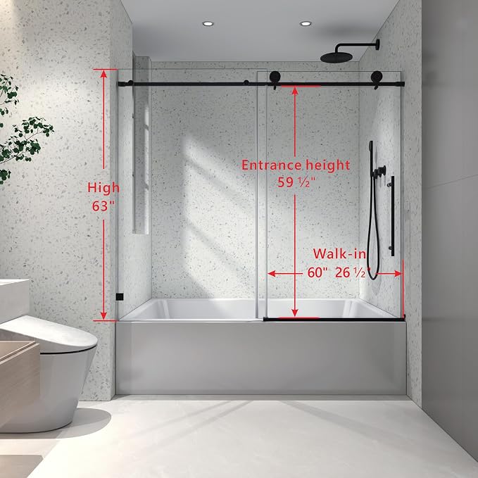 Single Sliding Shower Door,55"-60" W x 63" H Frameless Shower Door with 5/16" (8mm) Thick SGCC Tempered Glass W/Adjustable Soft Closing,Bathroom Glass Door for Spa（Matte Black）