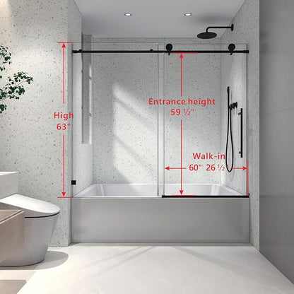 Single Sliding Shower Door,55"-60" W x 63" H Frameless Shower Door with 5/16" (8mm) Thick SGCC Tempered Glass W/Adjustable Soft Closing,Bathroom Glass Door for Spa（Matte Black）