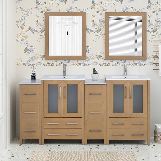 HOMEBEYOND 72 Inch Modern Bathroom Vanity with Sink & Mirror, Double Sink Vanity Cabinet with Basin and Mirror, Dove-Tailed Drawers, Soft-Closing Doors, Wood, Natural Oak