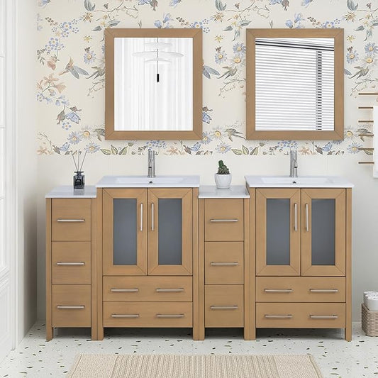 HOMEBEYOND 72 Inch Modern Bathroom Vanity with Sink & Mirror, Double Sink Vanity Cabinet with Basin and Mirror, Dove-Tailed Drawers, Soft-Closing Doors, Wood, Natural Oak