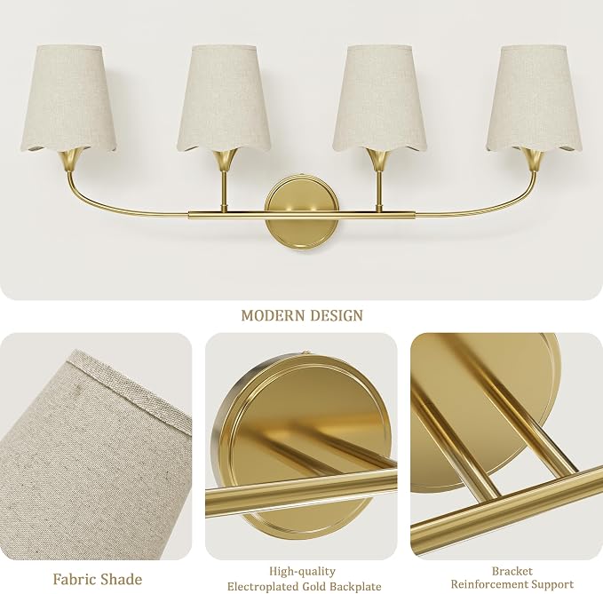Morauroral Bathroom Light Fixtures Over Mirror, 4 Light Vanity Light for Bathroom, Gold Vanity Light Fixtures with Fabric Linen Shade, E26 Socket Sconce Wall Decor(ETL Listed)
