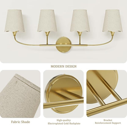 Morauroral Bathroom Light Fixtures Over Mirror, 4 Light Vanity Light for Bathroom, Gold Vanity Light Fixtures with Fabric Linen Shade, E26 Socket Sconce Wall Decor(ETL Listed)