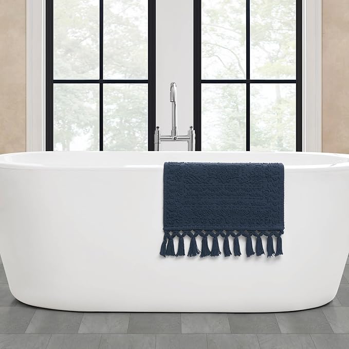 French Connection Nellore Bath Rugs, Woven and Beaded Bath Mats, Durable and Thick Bath Mats for Bathroom and Shower Rugs, 17" x 28", Navy