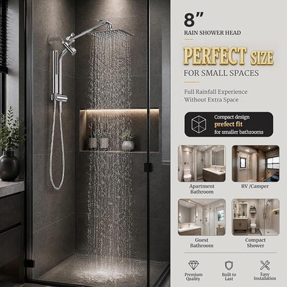 Veken All Metal 8" Luxurious Rain Shower Head with Handheld,High Pressure | Dual Shower Heads Spray,Power Wash Wand,Detachable Showerhead Combo,Small Square Adjustable Rainfall ,Spa-like,Chrome,Silver