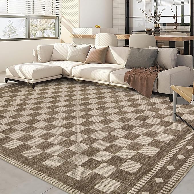 Garvee Washable 9x12 Area Rug for Bedroom Brown Checkered Non Slip | Living Room Rug Large Area Rug Soft Non Shedding Throw Rugs Stain Resistant Carpet for Office Dining Room Nursery
