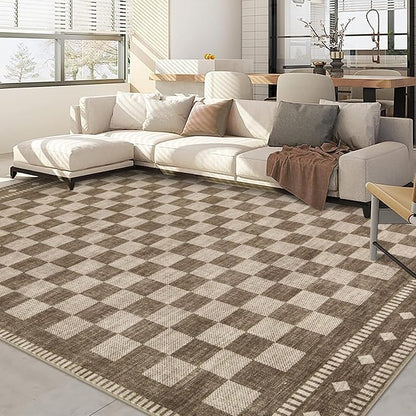 Garvee Washable 9x12 Area Rug for Bedroom Brown Checkered Non Slip | Living Room Rug Large Area Rug Soft Non Shedding Throw Rugs Stain Resistant Carpet for Office Dining Room Nursery