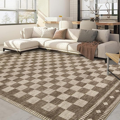 Garvee Washable Checkered 8x10 Area Rugs for Living Room Brown Non Slip | Carpet for Bedroom Geometric Farmhouse Large Rug Non Slip Throw Rugs Soft Non Shedding Stain Resistant for Dining Room