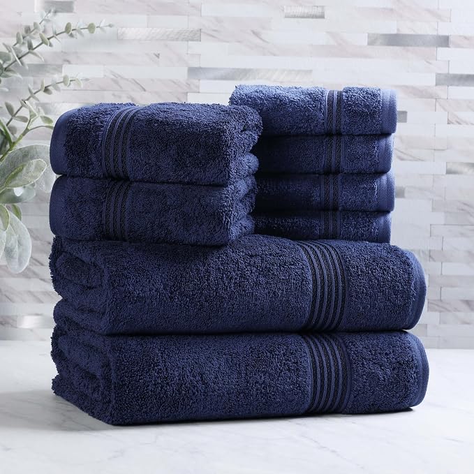 Superior Egyptian Cotton 8-Piece Towel Set, Assorted Towels for Home Bathroom, Master, Guest Bath, Decor Essentials, Includes 2 Bath, 2 Hand, 4 Face Towels/Washcloths, Quick Dry, Absorbent, Navy Blue