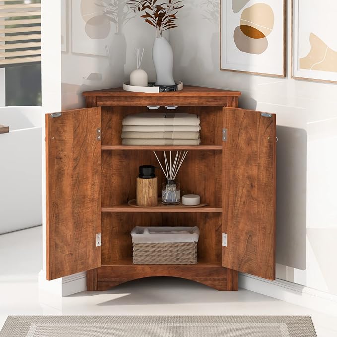 Corner Storage Cabinet with Two Doors and Adjustable Shelf, Freestanding Floor Space Saver for Bathroom, Living Room or Kitchen, Brown