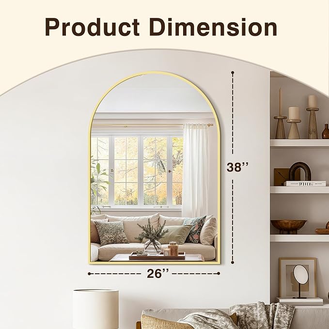 Arched Bathroom Vanity Mirror for Over Sink, 38”x26”, Gold | HD Tempered Glass, Anti-Rust Metal Frame, Hanging or Leaning, Wall Mirrors for Bathroom Sink, Bedroom, Living Room, Entryway