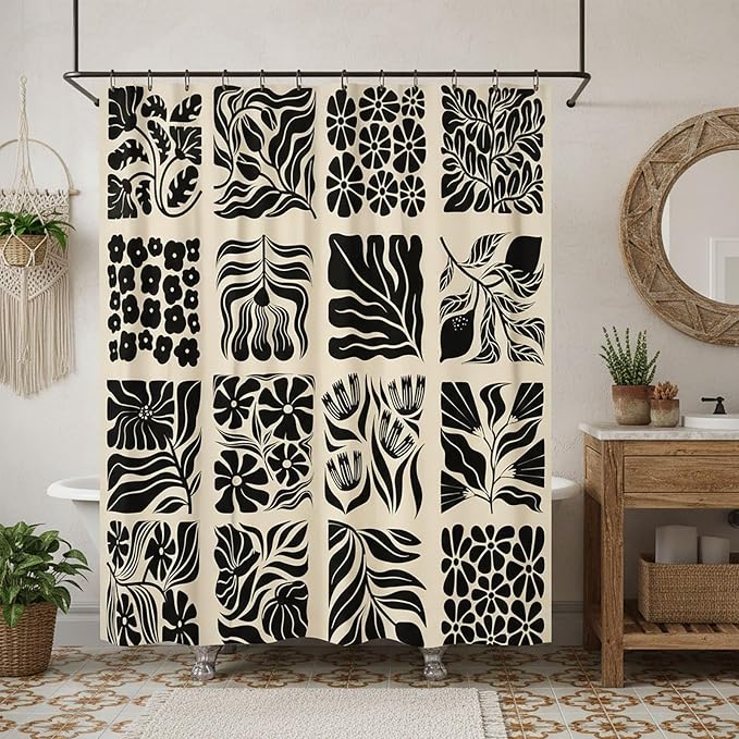 JAWO Retro Shower Curtain Vintage Abstract Boho Floral Shower Curtains for Bathroom Decor Pink Black Botanical Geometric Groovy Aesthetic Pattern Shower Curtain Sets with Hooks,70X70IN