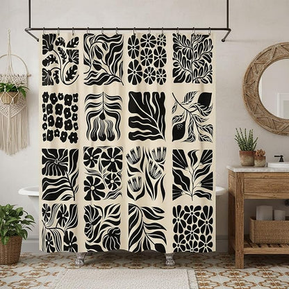JAWO Retro Shower Curtain Vintage Abstract Boho Floral Shower Curtains for Bathroom Decor Pink Black Botanical Geometric Groovy Aesthetic Pattern Shower Curtain Sets with Hooks,70X70IN