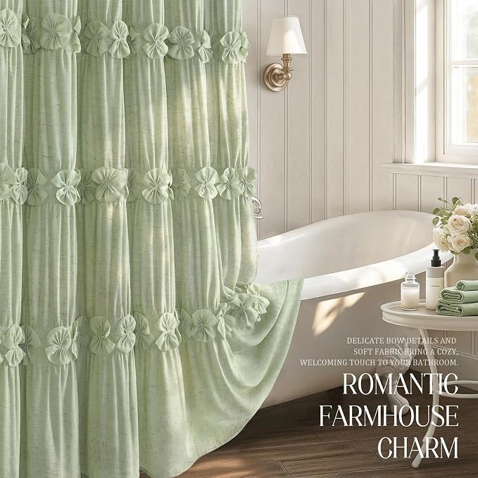Ruffle Farmhouse Linen Shower Curtain with Vintage Bow Green 72" W x 72" H | Linen Blend Fabric, Ruffle Bow and Ruffled Hem，Linen Texture，Machine Washable，12 Metal Holes and Plastic Hooks
