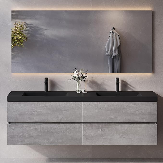 Wall Mounted 72 Inch Bathroom Vanity with Sink, Floating Vanity Bathroom, Double Sink Bathroom Vanity, 4 Drawers, Resin Integrated Sink (Dark Birch)