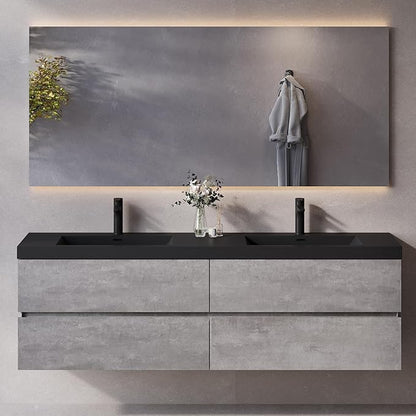 Wall Mounted 72 Inch Bathroom Vanity with Sink, Floating Vanity Bathroom, Double Sink Bathroom Vanity, 4 Drawers, Resin Integrated Sink (Dark Birch)