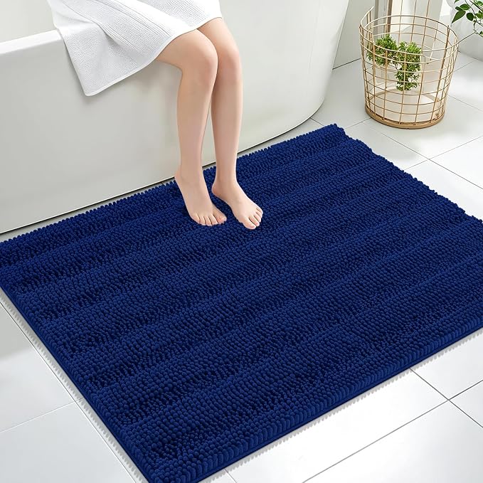 OLANLY Thick Large Bathroom Rugs 40x32, Soft Chenille Bath Rugs, Navy | Absorbent Striped, Rubber Backing, Machine Wash Dry, Bath Mats for Bathroom Floor, Tub and Shower, Home Decor Accessories