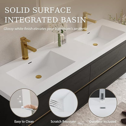 72" Wall-Mounted Bathroom Vanity with 2 Sinks, Floating Storage Cabinet with Stone Resin Countertop, 4 Soft Close Drawers, Espresso Wood Finish, Pre-Assembled Base