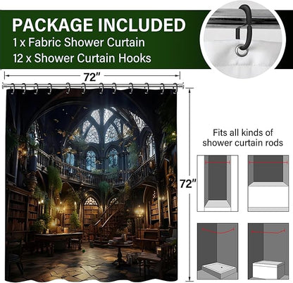 Gothic Library Bookself Shower Curtain,Witchy Dark Green Plant Aesthetics Shower Curtains Funny Waterproof Polyester,Medieval European Castle Architecture Bathroom Decor,72x72 Inch