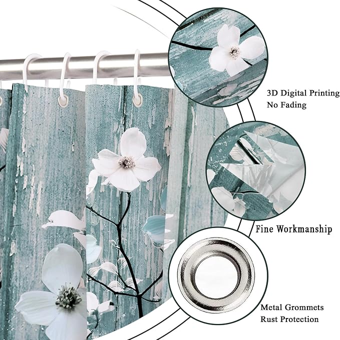 Rustic Shower Curtain Set Blue Watercolor Flower Bath Curtain 12 Hooks Country Farm Style Fabric Wooden Background Waterproof Shower Curtains 72×72 Inches