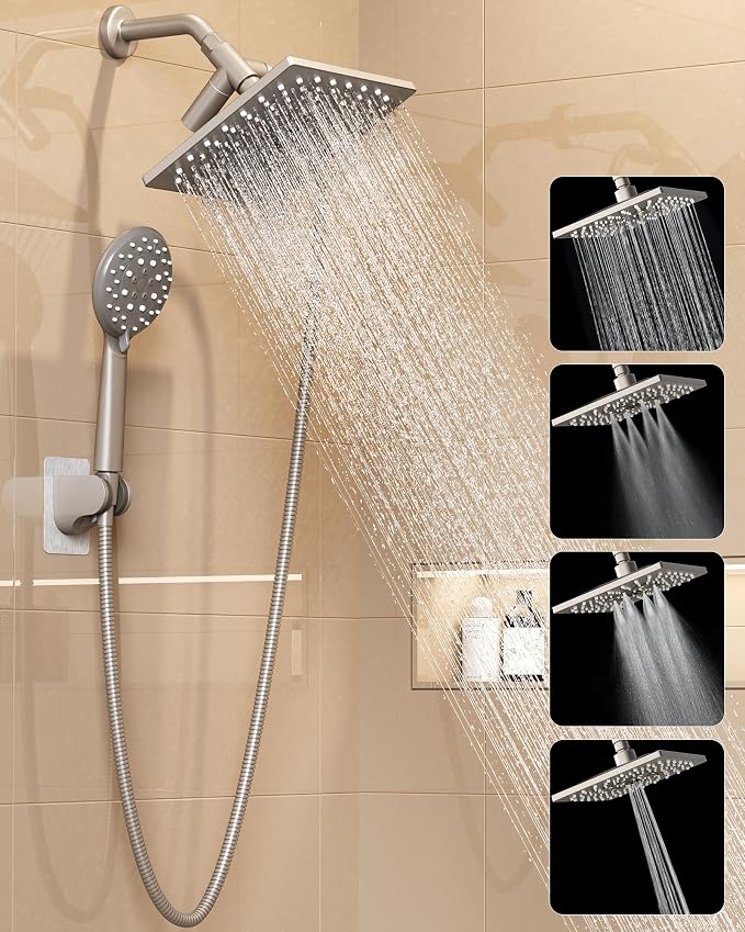 Veken Multi-Function Shower Head with Handheld, High Pressure, Starlight | Square Rainfall Showerhead with 5-mode Hand Held Spray, Dual Shower Heads Combo, Detachable Showerheads with Hose, Home Gifts
