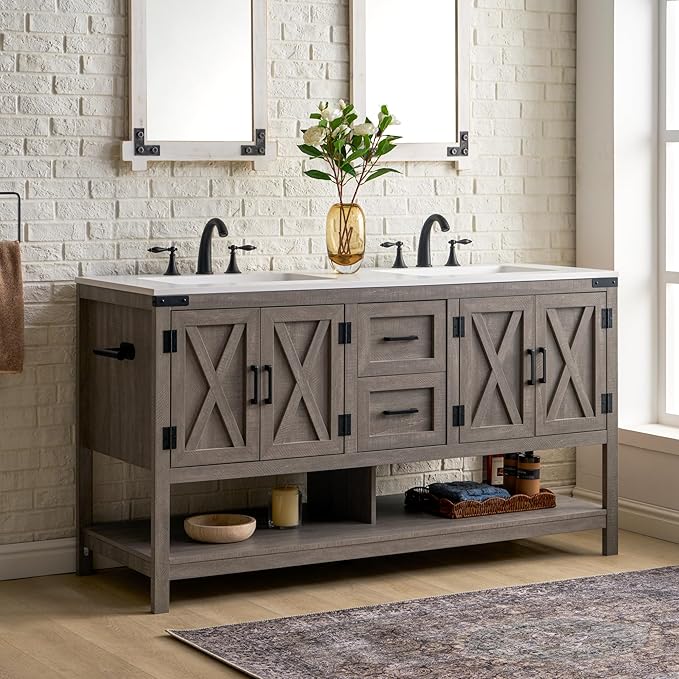 AMERLIFE 60” Farmhouse Bathroom Vanity with Double Sink, Freestanding Cabinet with 2 Drawers, 4 Barn Doors & Open Shelf, Rustic Storage for Master or Family Bathroom, Light Gray