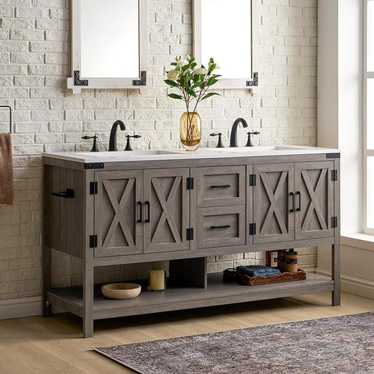 AMERLIFE 60” Farmhouse Bathroom Vanity with Double Sink, Freestanding Cabinet with 2 Drawers, 4 Barn Doors & Open Shelf, Rustic Storage for Master or Family Bathroom, Light Gray