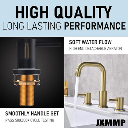 Brushed Gold Bathroom Faucet, 8 in Gold Widespread Bathroom Sink Faucet 3 Hole with Pop Up Drain and Supply Lines, Stainless Steel 2 Handle Gold Faucet for Bathroom Vanity