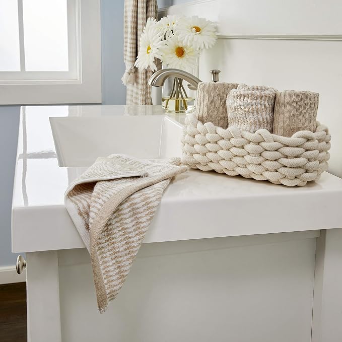 SKL Home Longborough Washcloth Set-4pc, 100% Turkish Cotton, Tan | 520 GSM weight. Soft & absorbent jacquard. Spa-level quality.