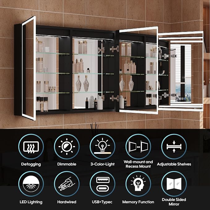 60" X 30" LED Mirrored Medicine Cabinet, Medicine Cabinets with Lights for Bathroom, Defogging Function Mirror Cabinet, Bathroom Medicine Cabinet with USB Port & Outlet, Three Opening Doors