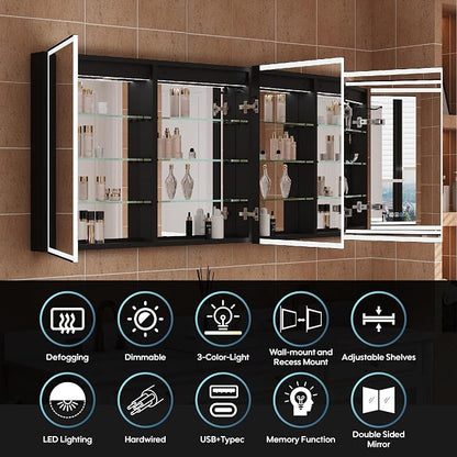 60" X 30" LED Mirrored Medicine Cabinet, Medicine Cabinets with Lights for Bathroom, Defogging Function Mirror Cabinet, Bathroom Medicine Cabinet with USB Port & Outlet, Three Opening Doors