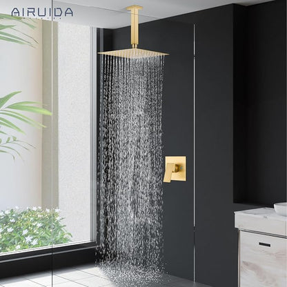 Airuida 12 Inch Brushed Gold Shower Faucet Set,Rainfall Shower System | Ceiling Shower Head,Male Thread Rough-in Valve,Ceiling Mount,Single Handle